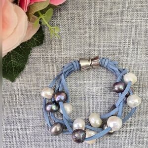 Multicolored Freshwater Pearl 4 Strands Suede Leather Magnetic Clasp Bracelet